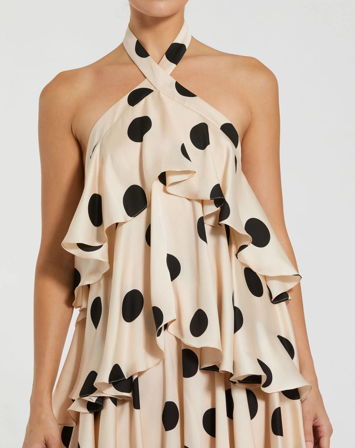 Mac Duggal Beige Tiered Ruffle Polka Dot Charmeuse Gown