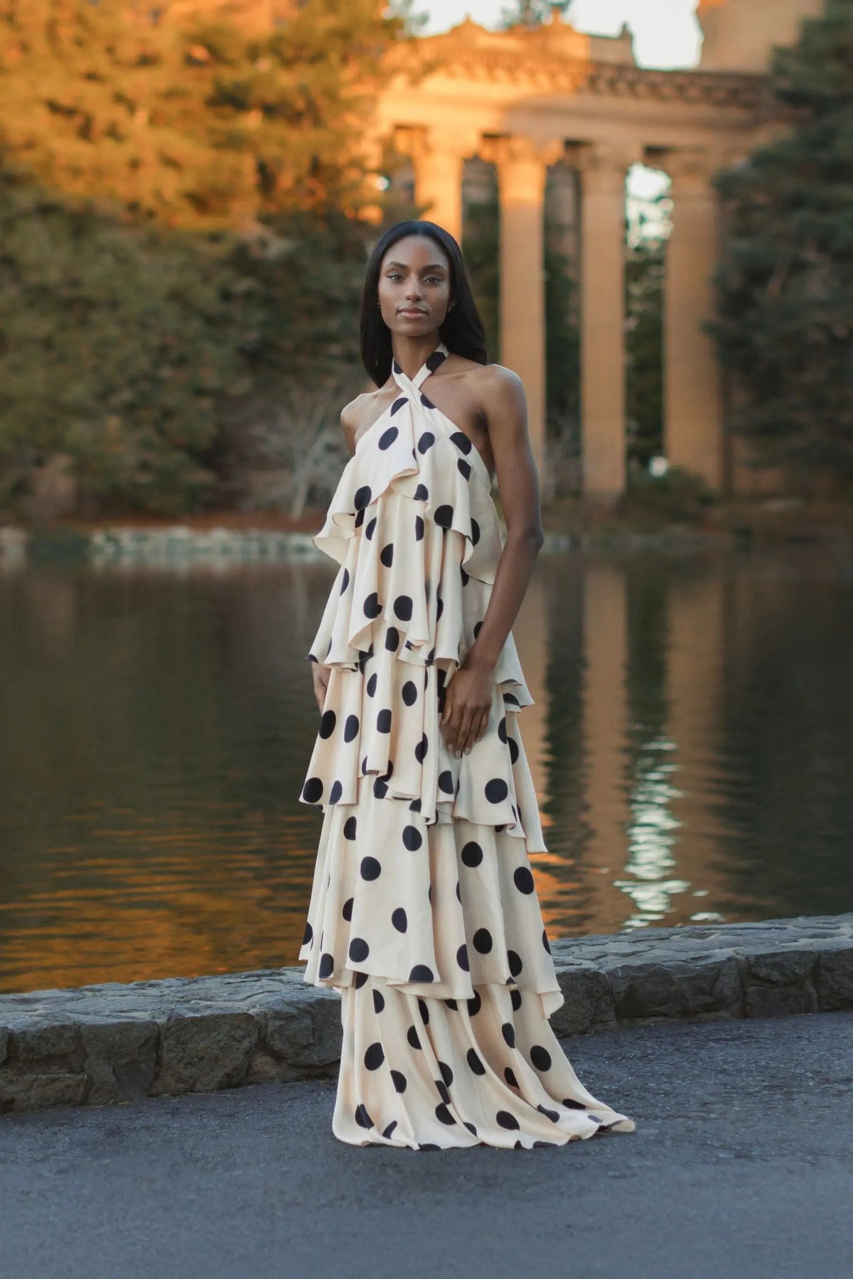 Mac Duggal Beige Tiered Ruffle Polka Dot Charmeuse Gown