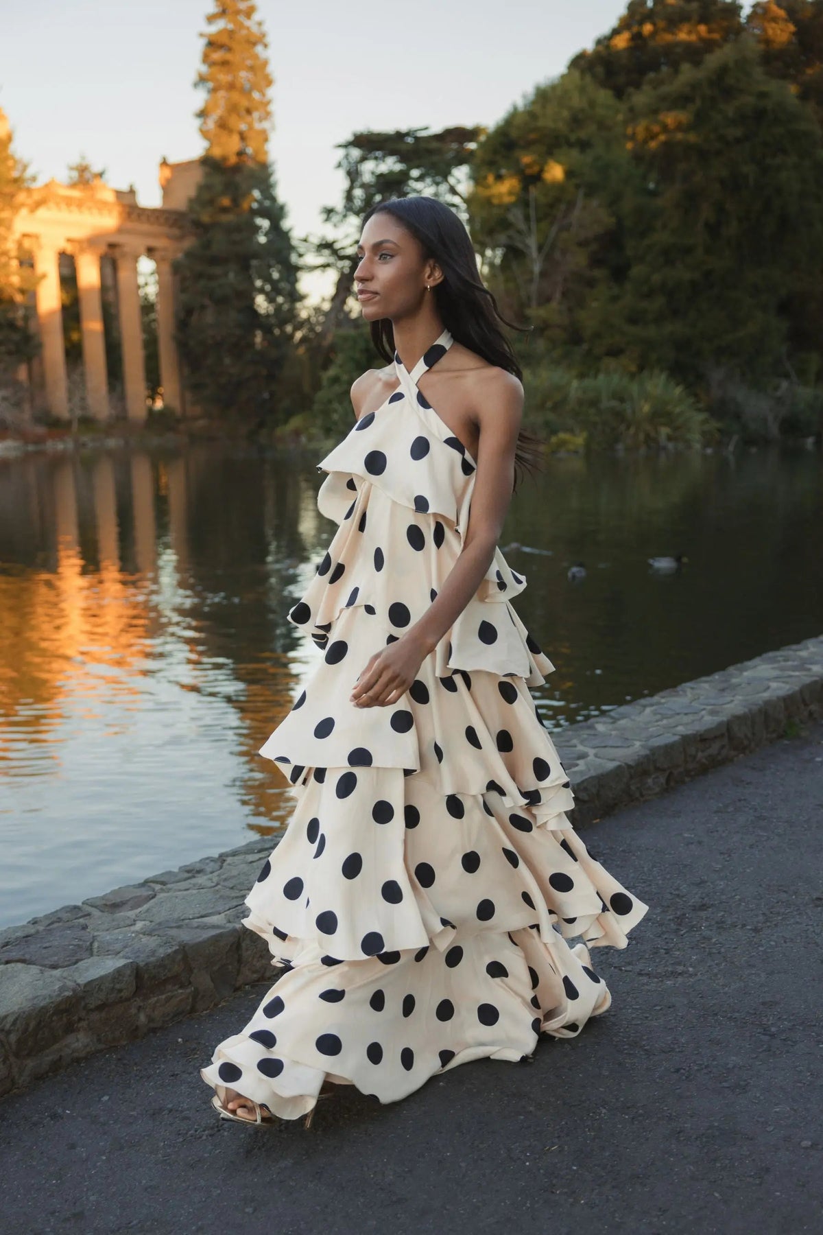 Mac Duggal Beige Tiered Ruffle Polka Dot Charmeuse Gown