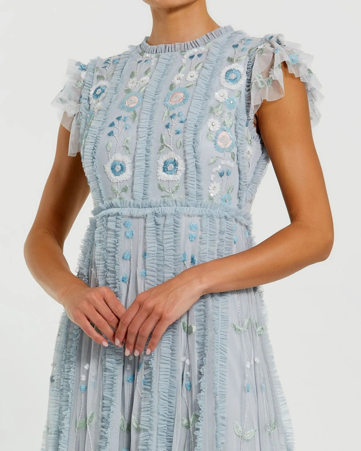 Mac Duggal Blue Floral Embroidered Ruffle A Line Gown
