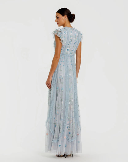 Mac Duggal Blue Floral Embroidered Ruffle A Line Gown