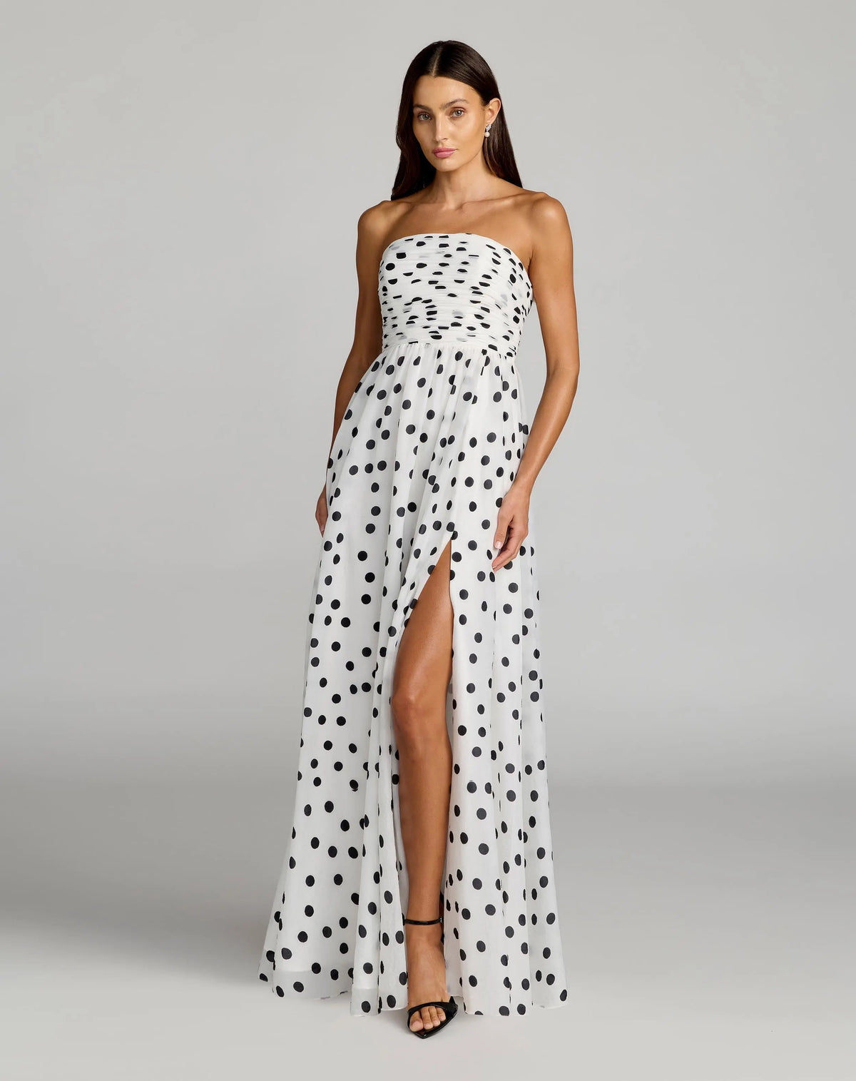 Mac Duggal White Polka Dot Strapless Viscose Gown With Slit