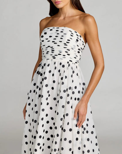 Mac Duggal White Polka Dot Strapless Viscose Gown With Slit