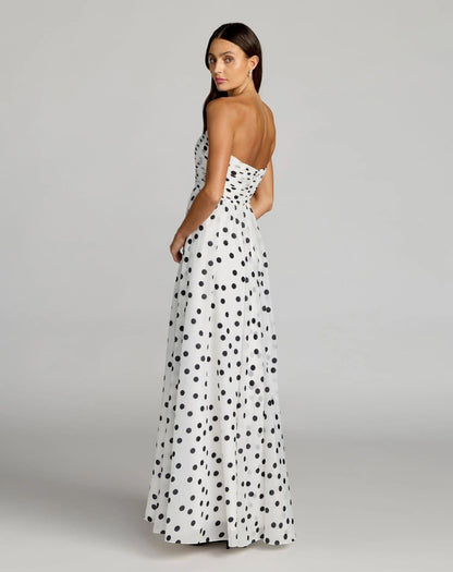 Mac Duggal White Polka Dot Strapless Viscose Gown With Slit