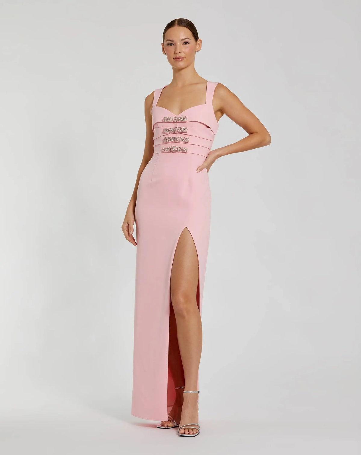Mac Duggal Pink Sleeveless Crepe Gown With Embellished Bows
