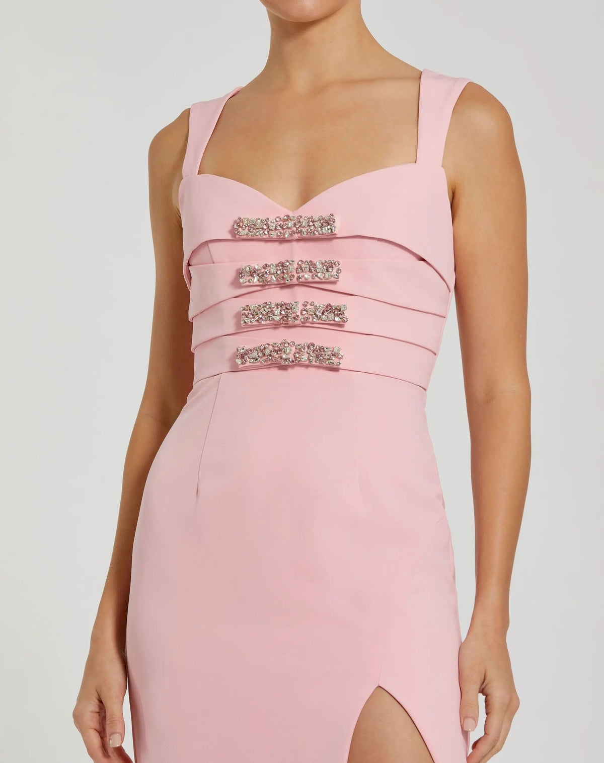 Mac Duggal Pink Sleeveless Crepe Gown With Embellished Bows