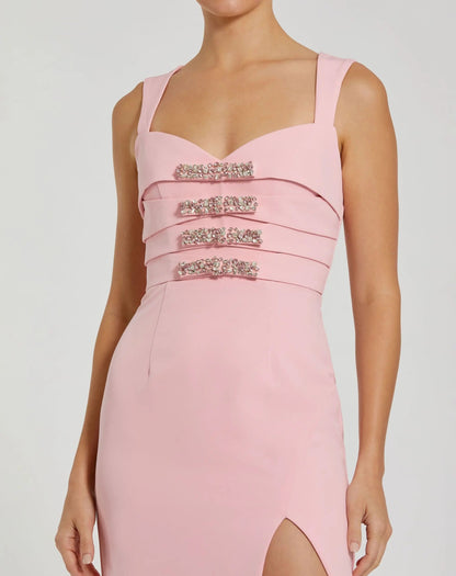 Mac Duggal Pink Sleeveless Crepe Gown With Embellished Bows