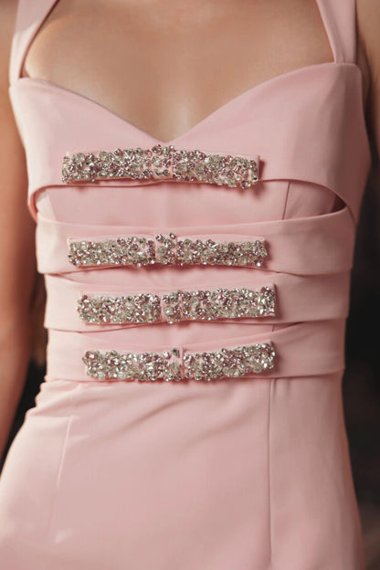 Mac Duggal Pink Sleeveless Crepe Gown With Embellished Bows