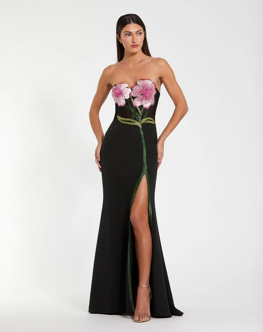Mac Duggal Black Strapless Embroidered Bustier Gown
