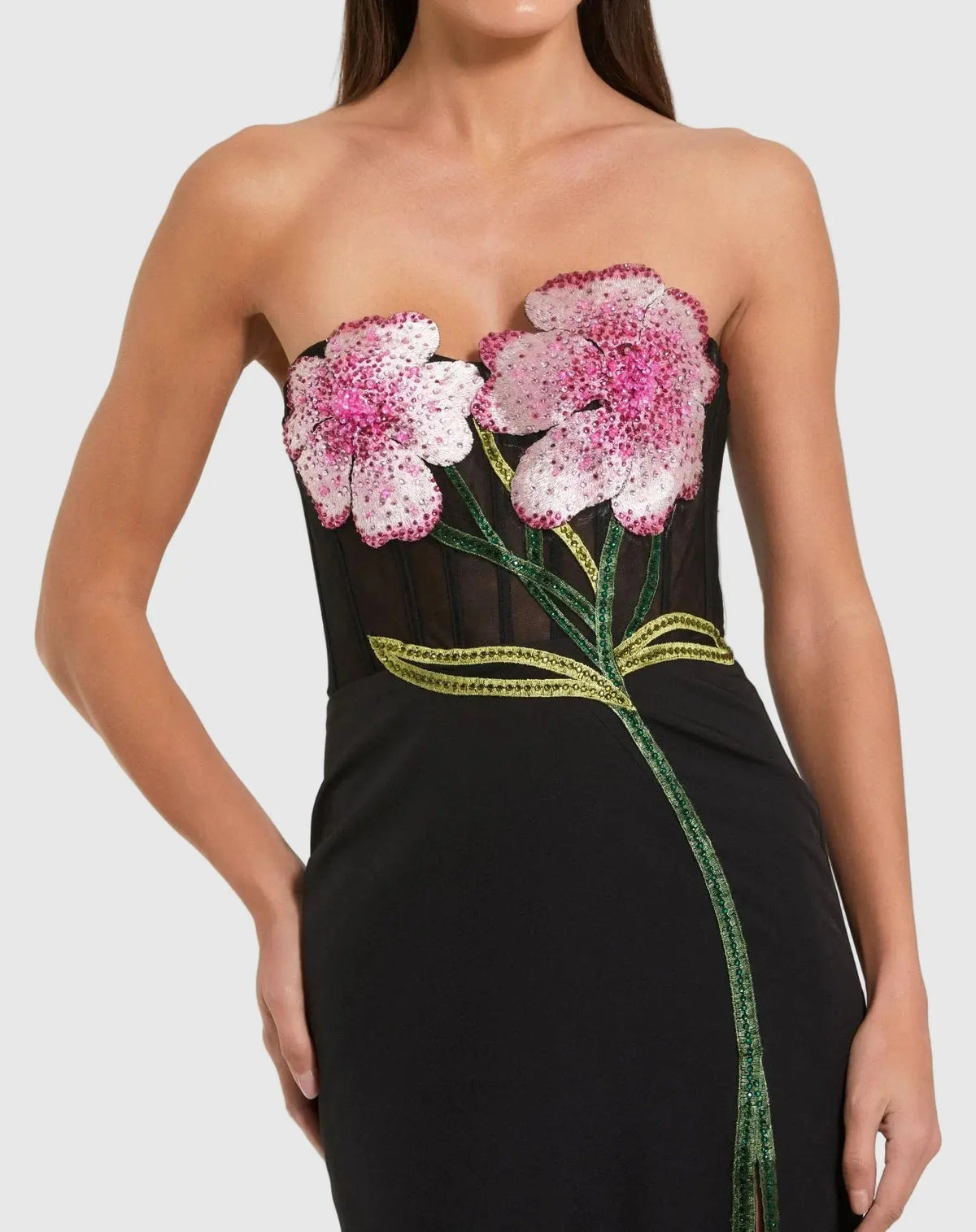 Mac Duggal Black Strapless Embroidered Bustier Gown