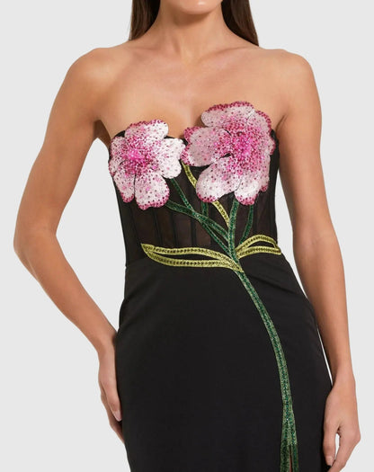 Mac Duggal Black Strapless Embroidered Bustier Gown