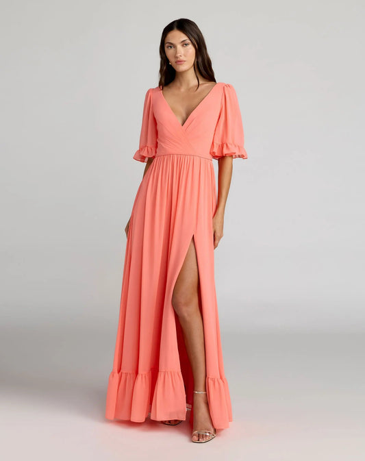 Mac Duggal Pink Faux Wrap Ruffle Trim A-Line Gown