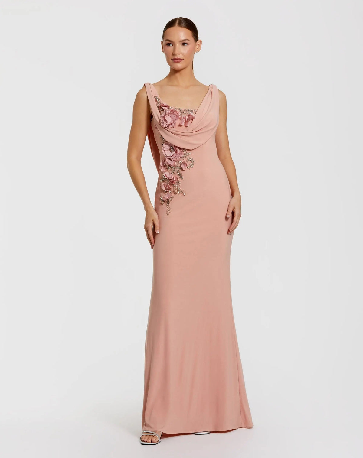 Mac Duggal Pink Sleeveless Jersey Cowl Neck Gown With Beading