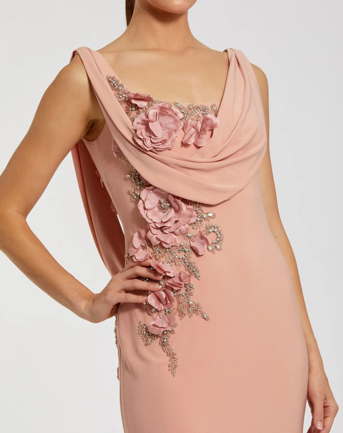 Mac Duggal Pink Sleeveless Jersey Cowl Neck Gown With Beading