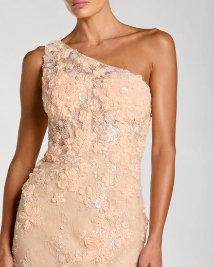 Mac Duggal Peach Embellished Lace One-Shoulder Gown