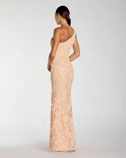 Mac Duggal Peach Embellished Lace One-Shoulder Gown