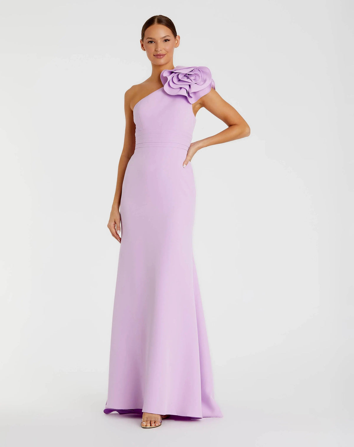 Mac Duggal Purple One Shoulder Gown With 3D Flower