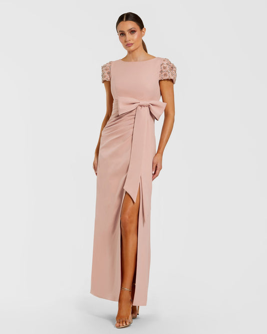 Mac Duggal Pink Beaded Cap Sleeve Crepe Gown With Bow and Slit