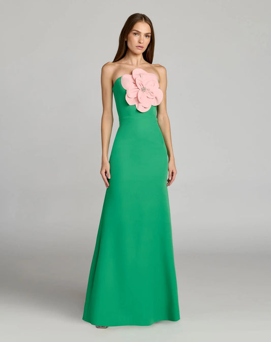 Mac Duggal Green Strapless Crepe Gown With 3D Flower