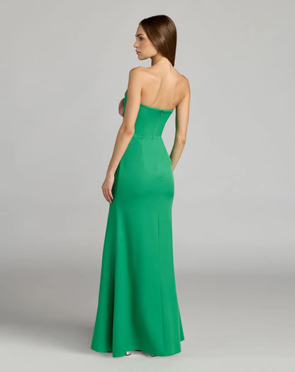 Mac Duggal Green Strapless Crepe Gown With 3D Flower