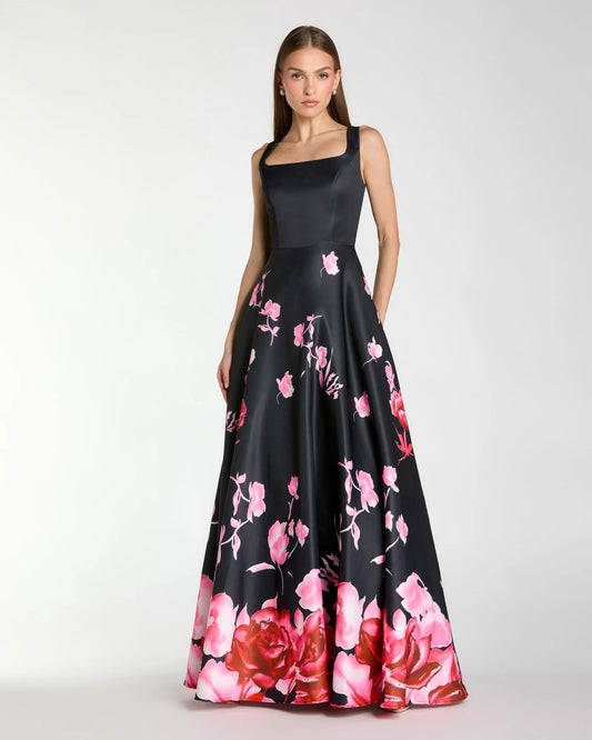 Mac Duggal Black Square Neck Floral Print Ball Gown