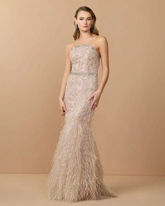 Mac Duggal Beige Strapless Embellished Trumpet Gown With Feather Hem