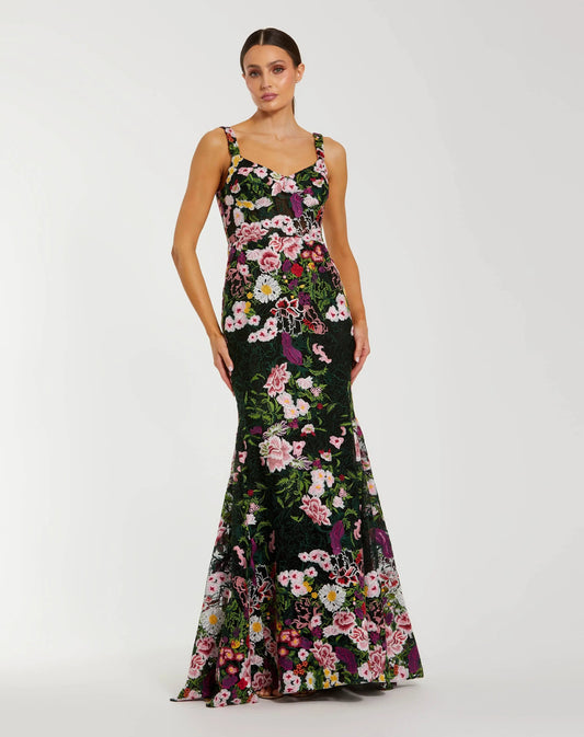 Mac Duggal Black Sleeveless Floral Embroidered Mermaid Gown