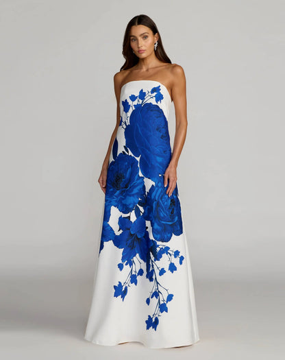 Mac Duggal White Floral Printed Strapless Crepe Trapeze Gown