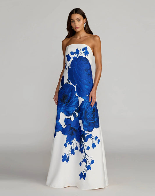 Mac Duggal White Floral Printed Strapless Crepe Trapeze Gown
