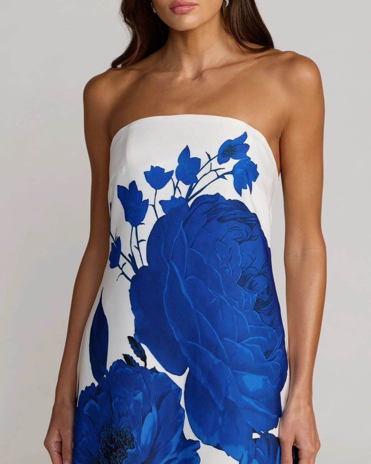 Mac Duggal White Floral Printed Strapless Crepe Trapeze Gown