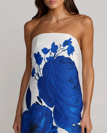 Mac Duggal White Floral Printed Strapless Crepe Trapeze Gown