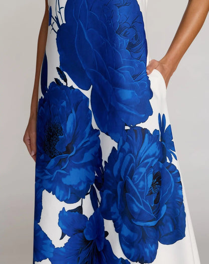 Mac Duggal White Floral Printed Strapless Crepe Trapeze Gown