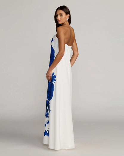 Mac Duggal White Floral Printed Strapless Crepe Trapeze Gown