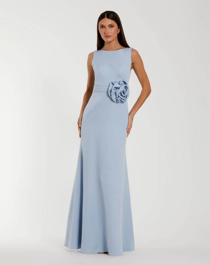 Mac Duggal Blue Boat Neck Crepe Trumpet Gown With Flower