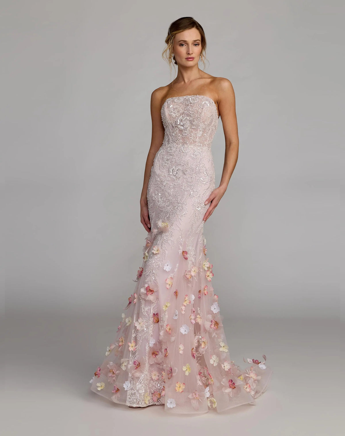 Mac Duggal Pink Strapless Embellished Mermaid Gown With 3D Floral Hem