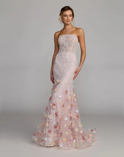 Mac Duggal Pink Strapless Embellished Mermaid Gown With 3D Floral Hem