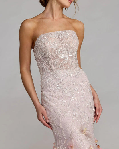 Mac Duggal Pink Strapless Embellished Mermaid Gown With 3D Floral Hem