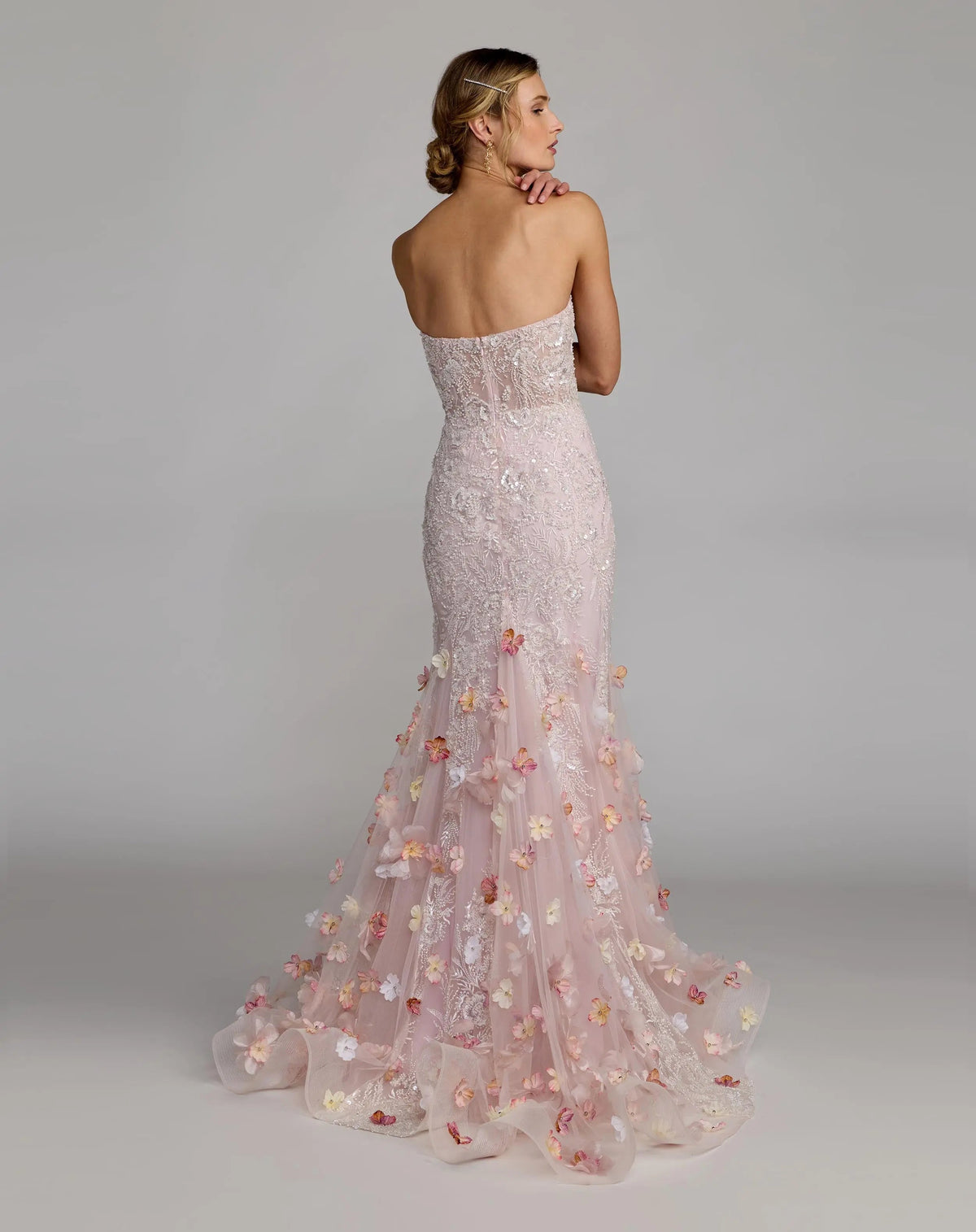 Mac Duggal Pink Strapless Embellished Mermaid Gown With 3D Floral Hem
