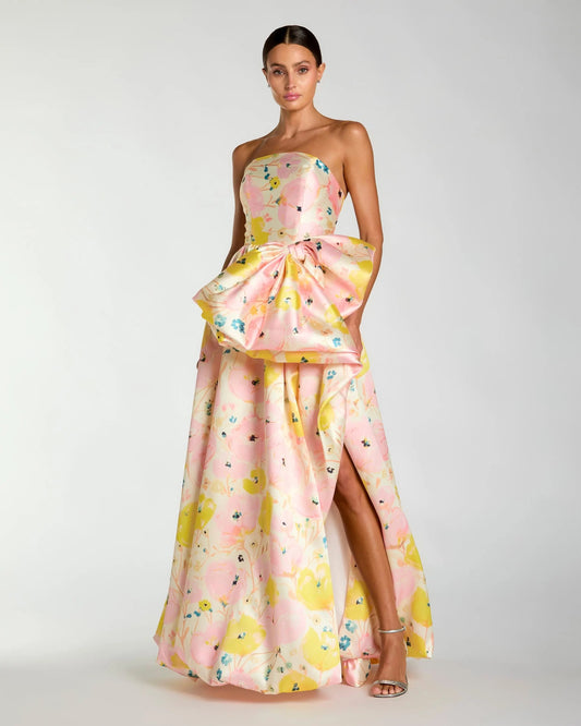 Mac Duggal Pink Strapless Floral Ball Gown With Bow