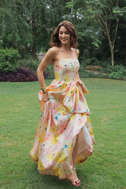 Mac Duggal Pink Strapless Floral Ball Gown With Bow