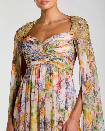 Mac Duggal Multicolor Floral Gown With Beaded Cape Sleeves