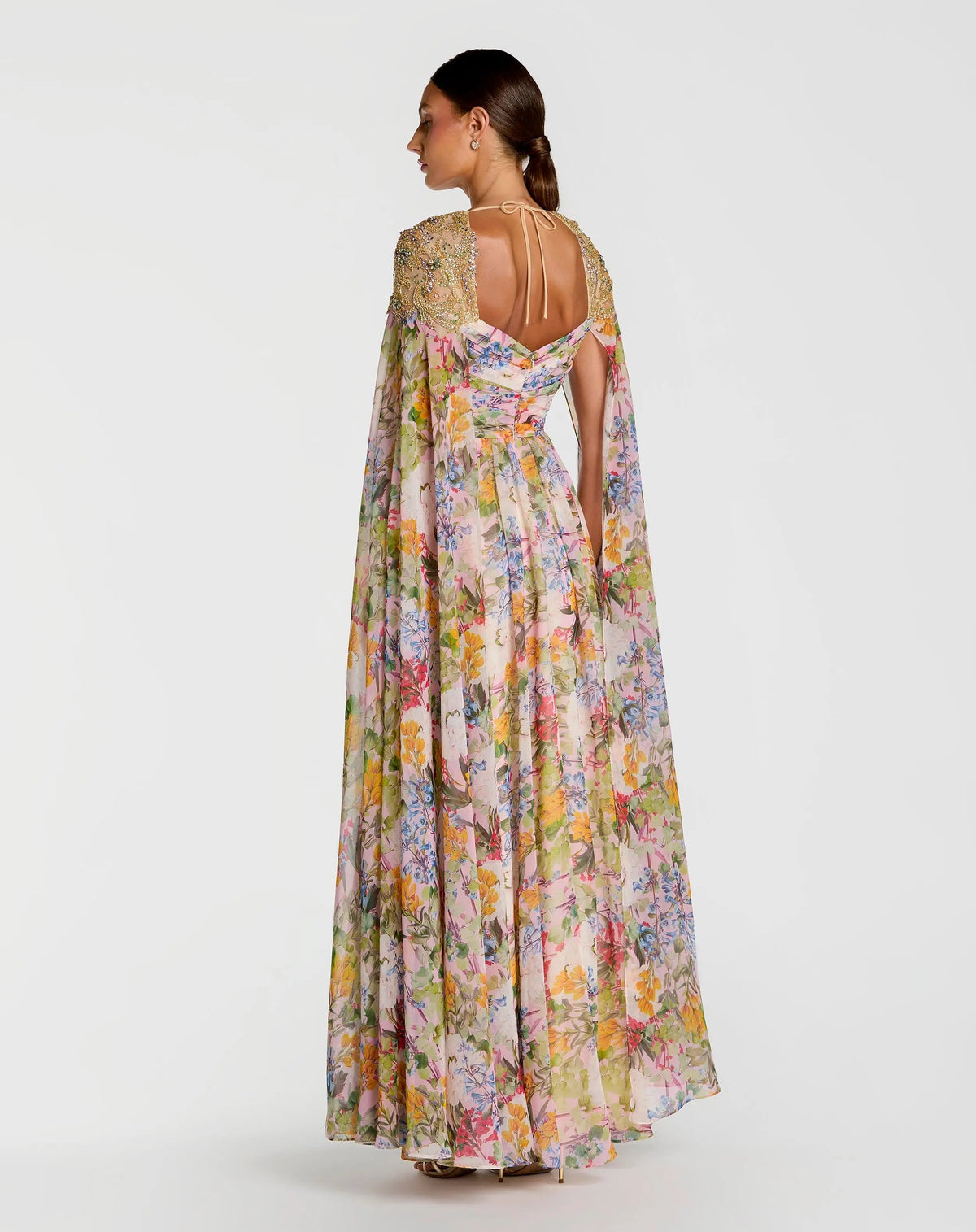 Mac Duggal Multicolor Floral Gown With Beaded Cape Sleeves
