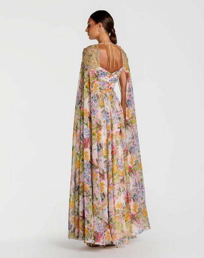 Mac Duggal Multicolor Floral Gown With Beaded Cape Sleeves