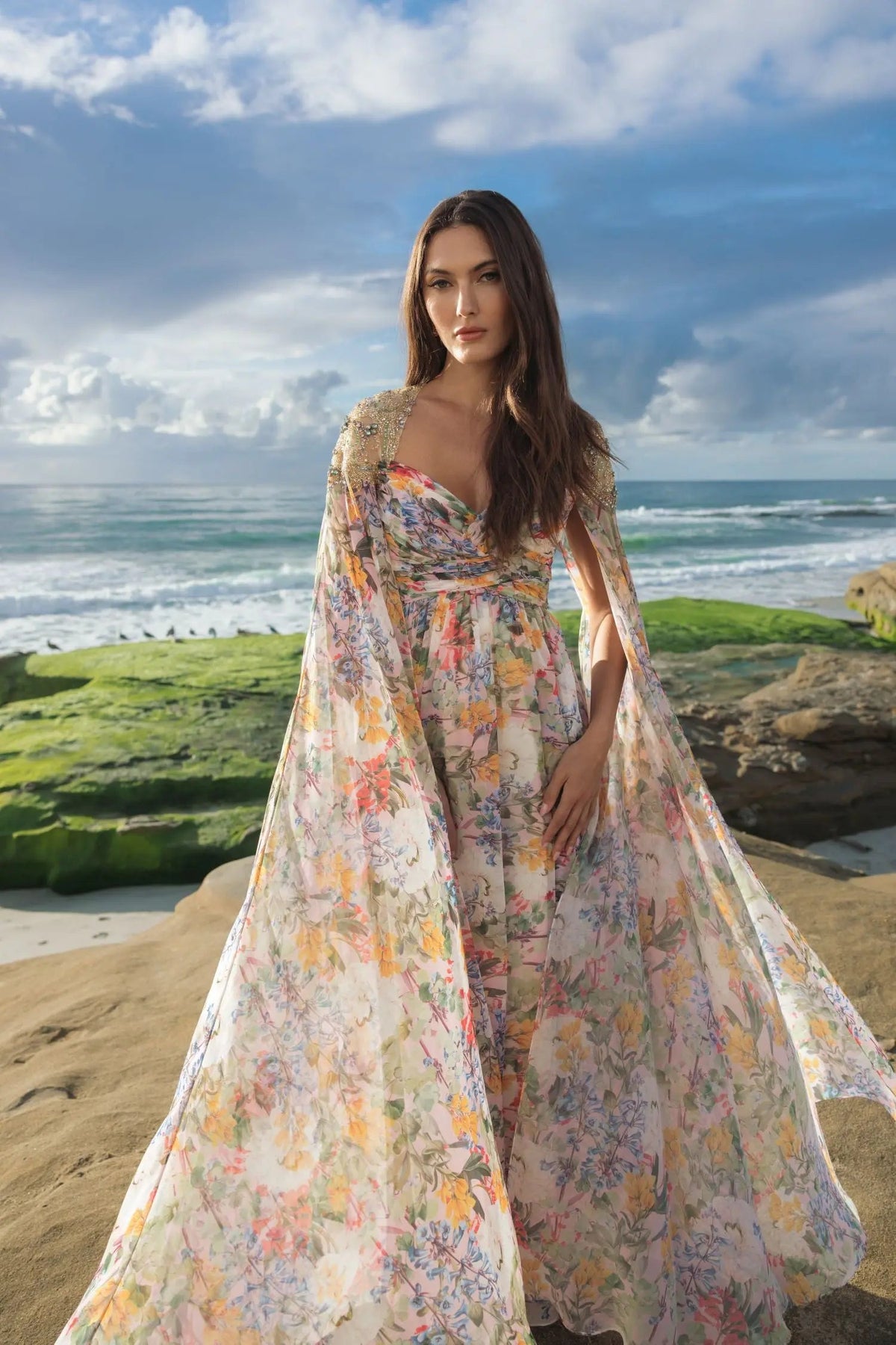 Mac Duggal Multicolor Floral Gown With Beaded Cape Sleeves