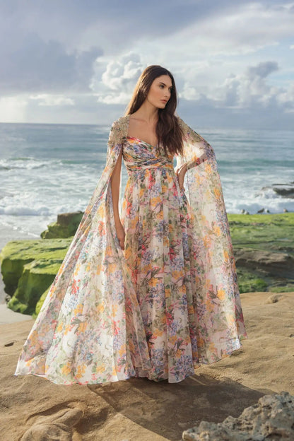 Mac Duggal Multicolor Floral Gown With Beaded Cape Sleeves