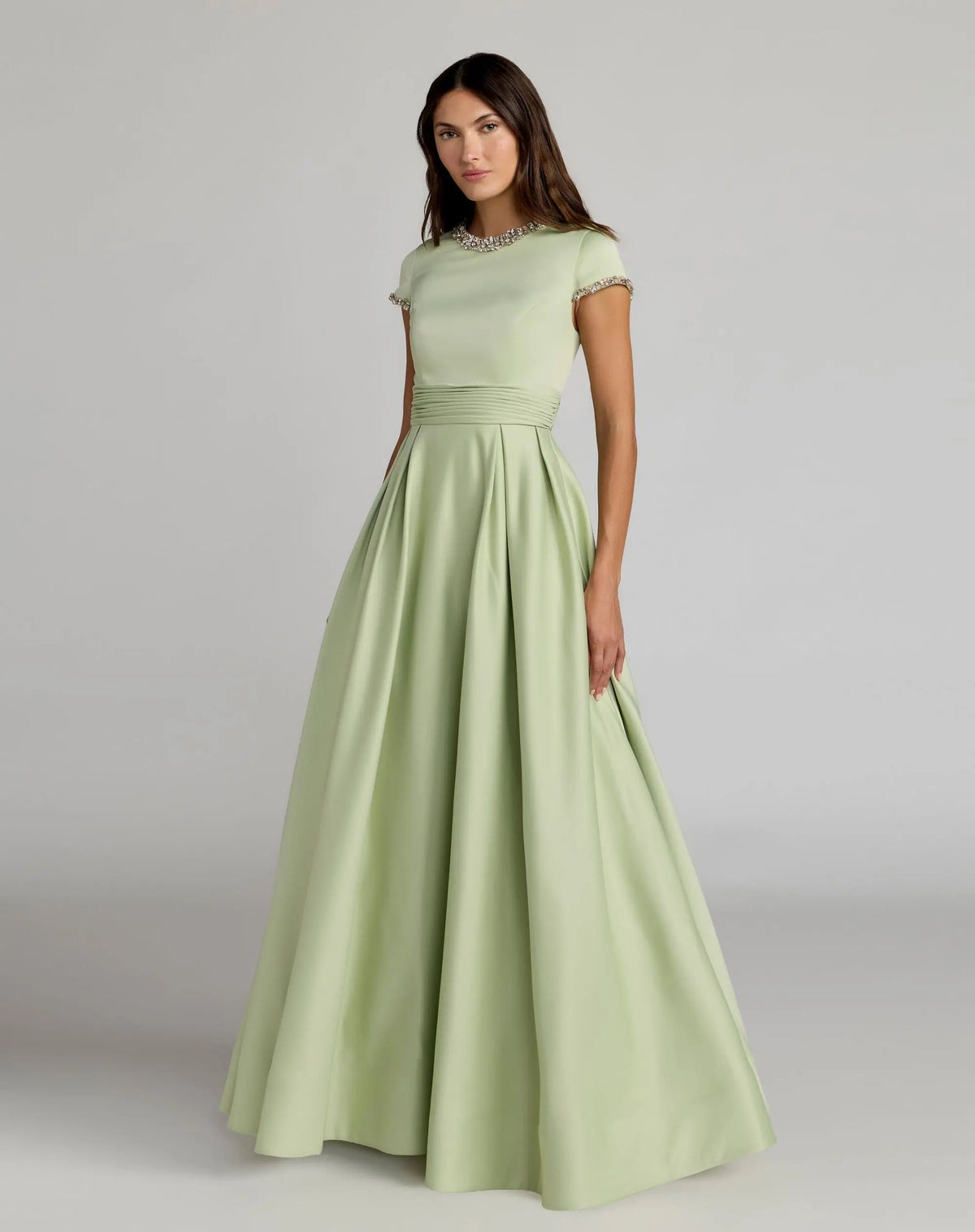 Mac Duggal Petite Green Embellished Satin Cap Sleeve Ball Gown