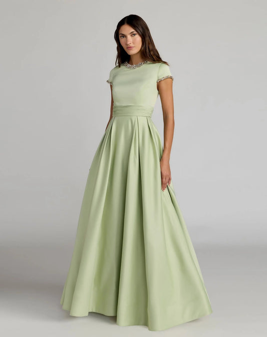 Mac Duggal Petite Green Embellished Satin Cap Sleeve Ball Gown