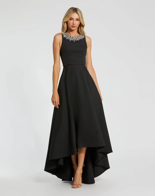 Mac Duggal Petite Black Crepe Embellished Neck High Low Gown
