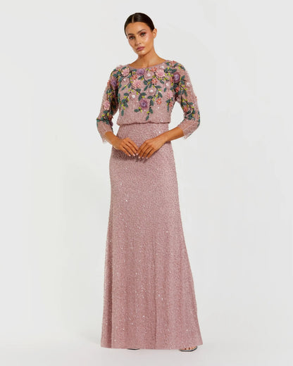 Mac Duggal Purple Floral Embellished Long Sleeve Gown