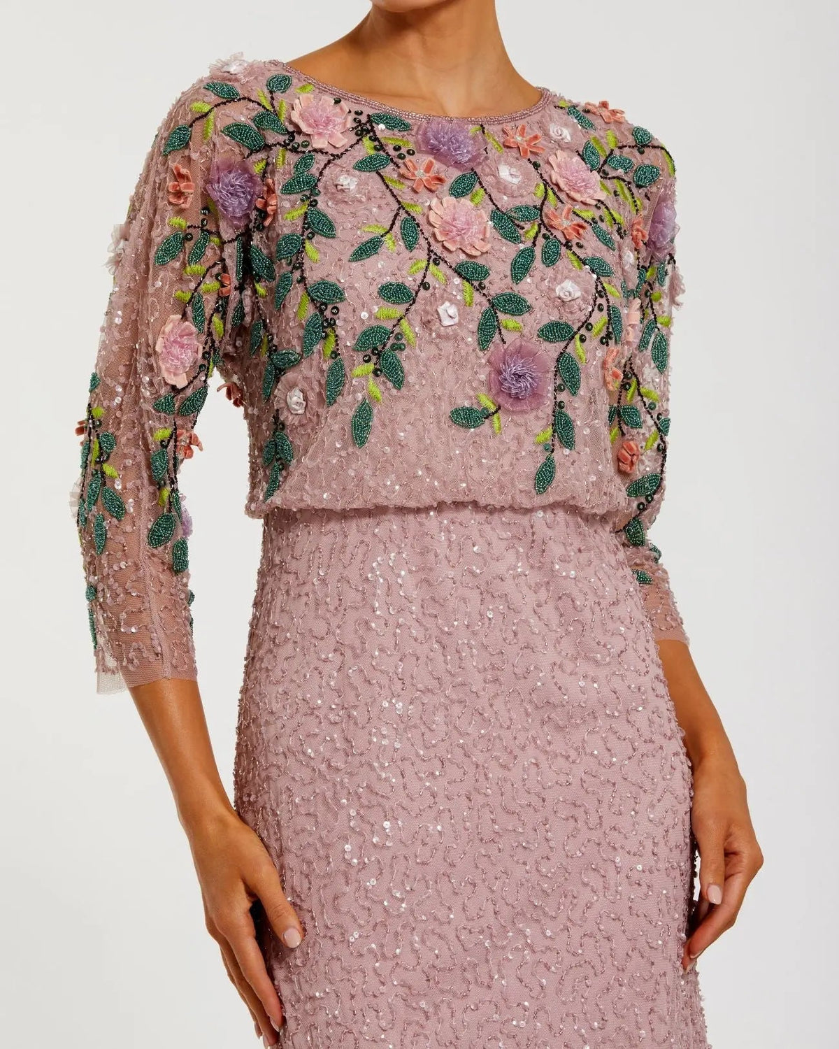 Mac Duggal Purple Floral Embellished Long Sleeve Gown